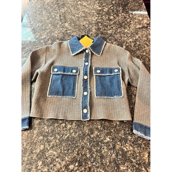 Sandro Sweaters - Sandro H24JOHN Mixed Media Denim Cable Knit Cardigan Jacket Grey Blue Size 0 NEW